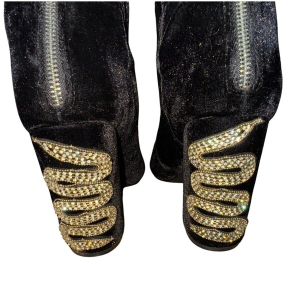 Black Velvet Ankle Boots Rhinestone Snake Design Sexy Glam Size 10 Punk Rock Y2K - Picture 3 of 6